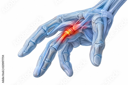 Anatomical of a human hand showing joint inflammation or arthritis pain with a glowing red focal point, isolated on a white background