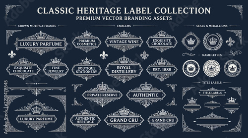 Classic Heritage Label Collection: Vintage Badges, Ornate Borders, Crown Emblems