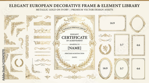 Elegant European Decorative Frame and Element Library, Metallic Gold on Ivory
