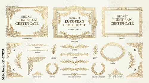 Elegant European Certificate Frames and Ornaments, Vector Design Elements