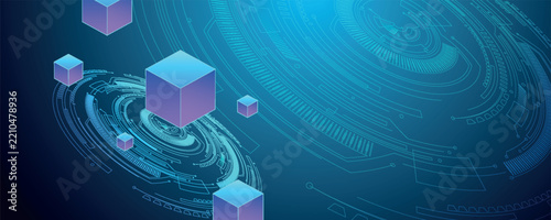 Techno background with glowing 3D cube shaped decorations. Modern design with binary data flow patterns and futuristic circuit lines. Concept of digital systems and technological advancement. VOL. 10