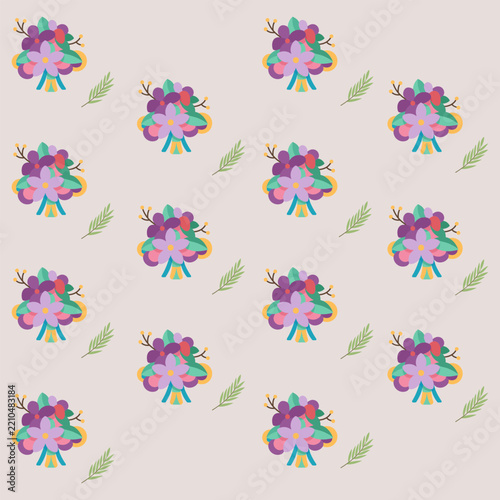 Seamless pattern of colorful abstract floral bouquets with delicate scattered petals
