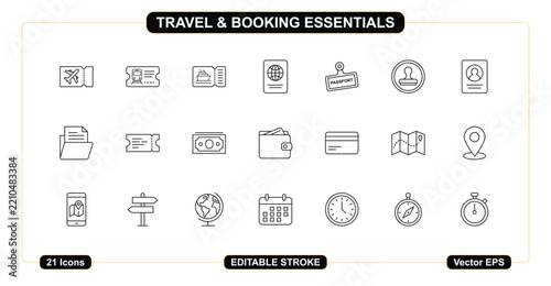 21 Travel and Booking Essentials Line Icons Set. Vector Outline Tourism Symbols for Tickets, Passport, Credit Card, Wallet, Map, Calendar, and Navigation. Editable Stroke.