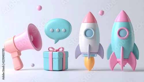 白い背景に浮かぶロケットやメガホン、プレゼントボックスなどのクレイ調3Dアイコンセット
