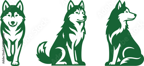Collection of husky dog silhouettes in various standing and sitting poses with silhouette