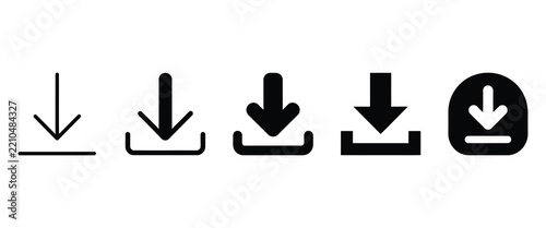 Collection of download arrow icons in various thickness line art and solid styles with download icon