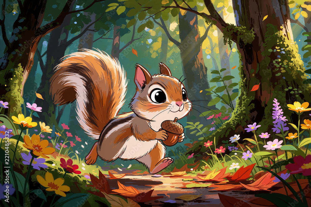 Fototapeta premium Cartoon illustration of a cute squirrel running in a forest