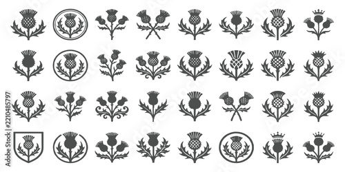 Black Scottish thistle flower silhouette vector illustration collection with heraldic shields and crowns for design.