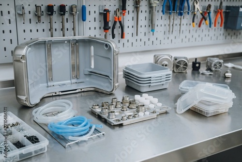 Refurbishment workspace showing modular medical equipment components prepared for repair, reuse and responsible healthcare resource management