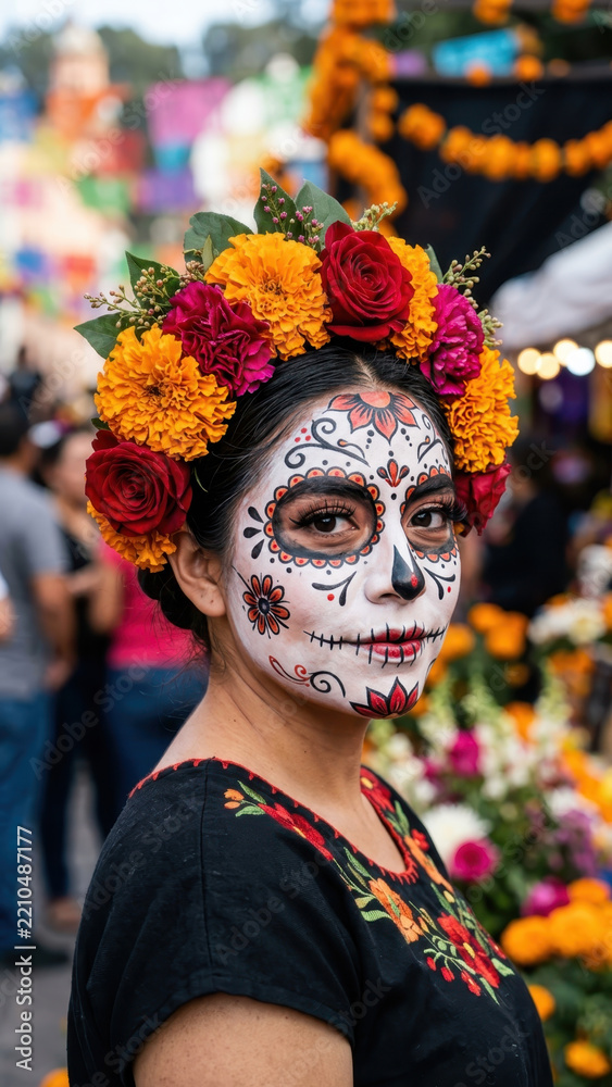 Fototapeta premium Woman dressed as la catrina at a day of the dead flower market, skeletal face painting with rose marigold crown, mexican festival costume inspiration