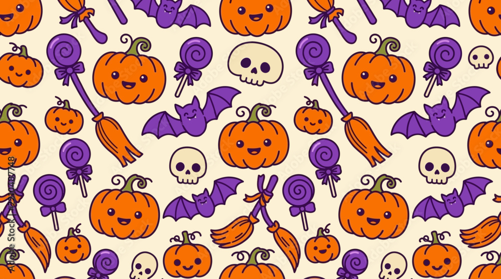 Obraz premium Seamless pattern with cute cartoon Halloween pumpkins bats skulls and broomsticks on a light background.