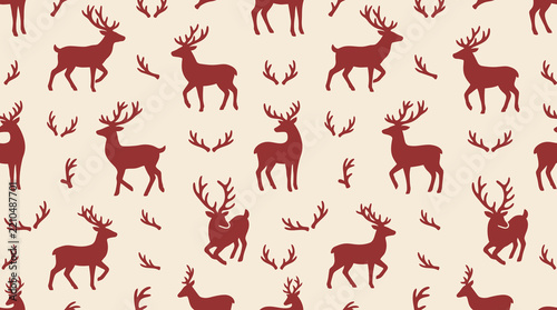 A charming and festive christmas background featuring a repeating pattern of elegant red reindeer and delicate winter foliage for holiday designs