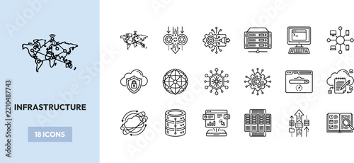 Infrastructure vector icon set featuring global network and server symbols