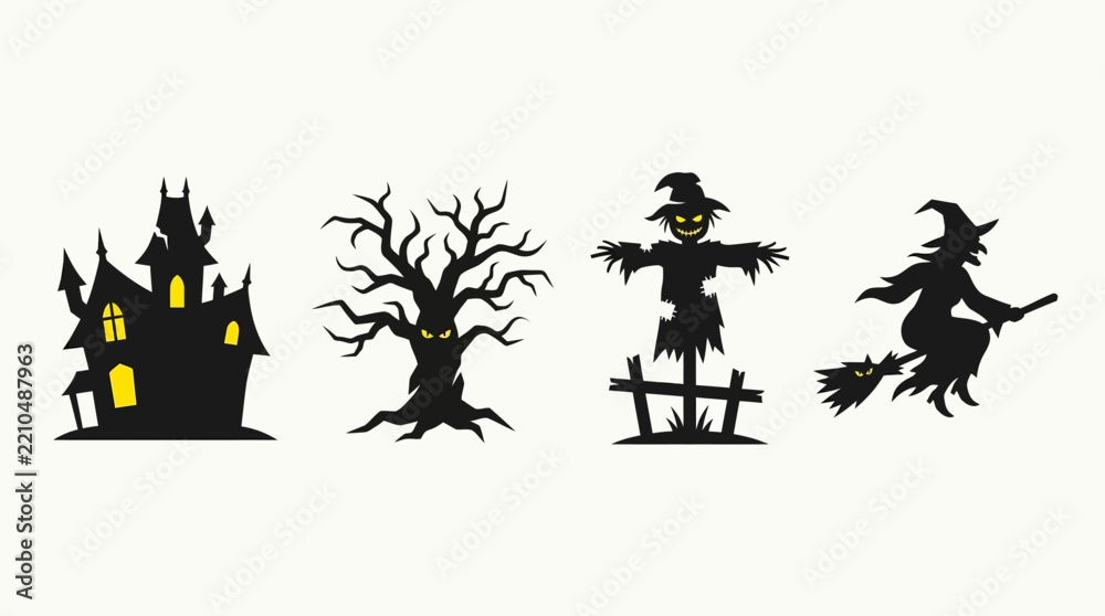 Fototapeta premium Halloween spooky silhouettes set with haunted house, spooky tree, scarecrow, and flying witch with glowing yellow details