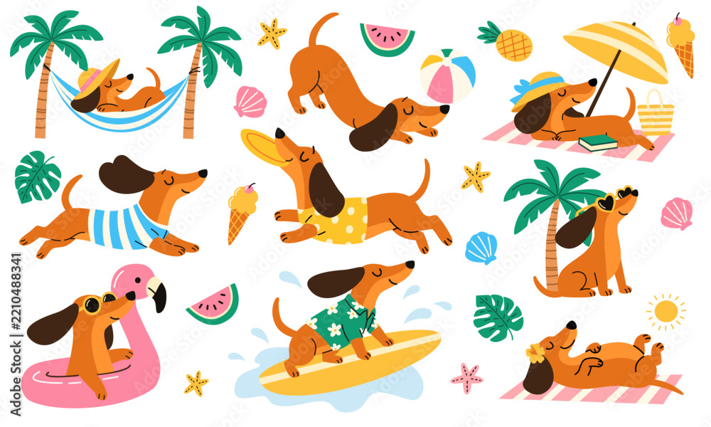 Naklejka premium Cute summer collection of playful dachshunds enjoying beach activities, including surfing, swimming, relaxing, sunbathing and playing. Tropical elements, flat vector illustrations isolated on white