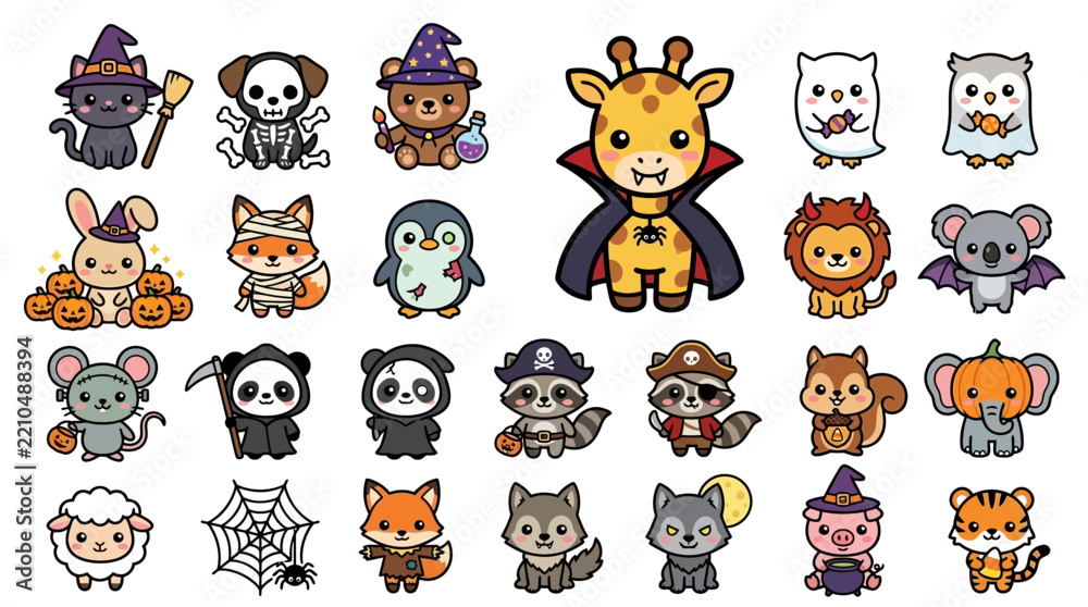 Fototapeta premium Cute cartoon animals in Halloween costumes, vector illustration set with spooky characters