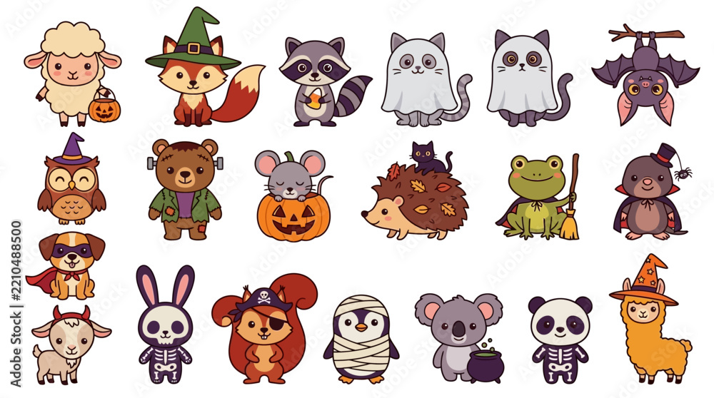 Obraz premium Cute and funny cartoon animals dressed in Halloween costumes, including a witch fox, ghost cat, and vampire bat