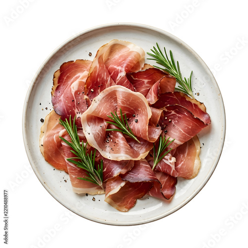 Prosciutto slices with rosemary on a ceramic plate isolated on white