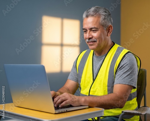 Focused construction foreman in high visibility vest typing on laptop at folding desk