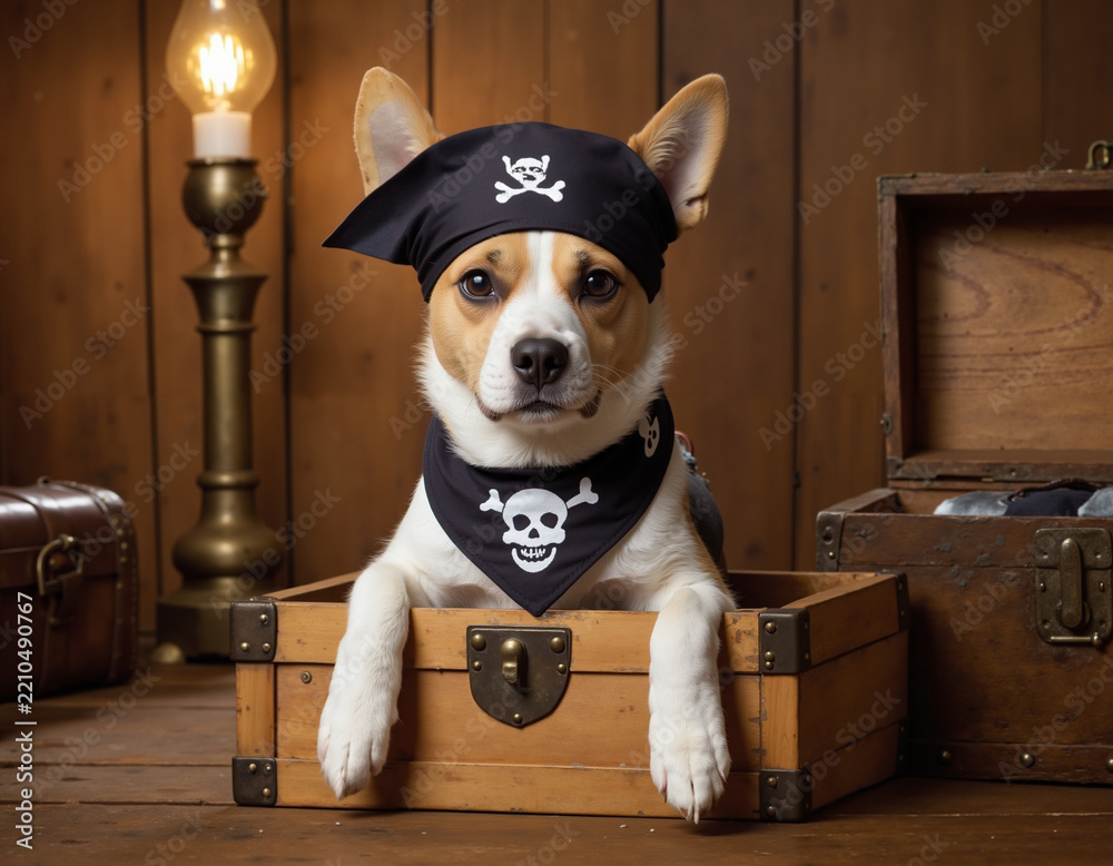 Fototapeta premium Dog dressed as a pirate sitting in a treasure chest with lantern 
