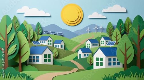 Clean eco village papercut houses with rooftop solar panels and wind turbines on green hills under bright morning sunlight for sustainable renewable energy concept