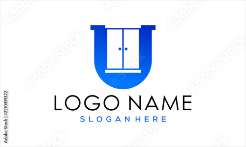 Blue letter U combined with a closet furniture shape, modern minimalist logo design template for interior and home decor business