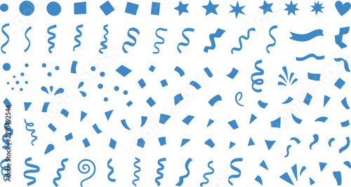 Blue festive confetti shapes and streamers on white background