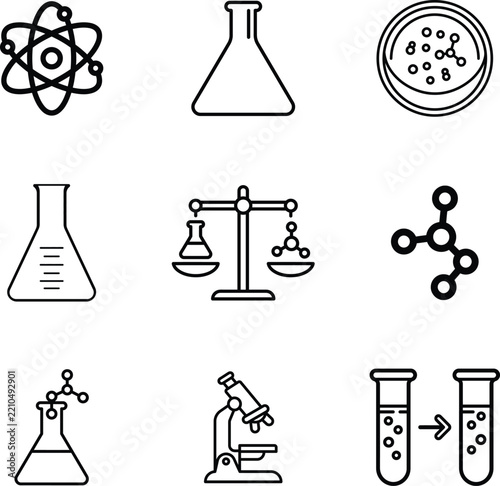 Chemistry Laboratory Outline Icons Set with Atom, Flask, Molecule and Scientific Experiment Symbols