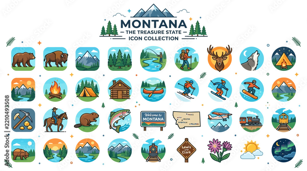 Fototapeta premium Montana The Treasure State Icon Collection featuring iconic symbols and elements of nature, wildlife, and activities