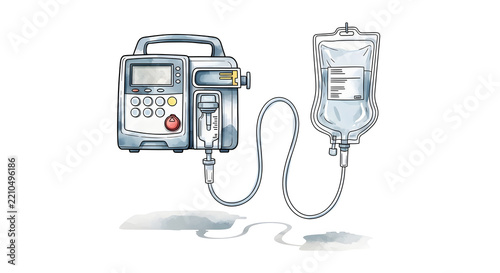 Medical IV infusion pump with fluid bag illustration, showing controlled drip alongside accidental liquid spill, highlighting potential equipment malfunction or safety risks