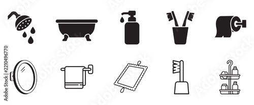 Bathroom accessories line and solid vector icons showing shower bathtub soap dispenser and mirror.