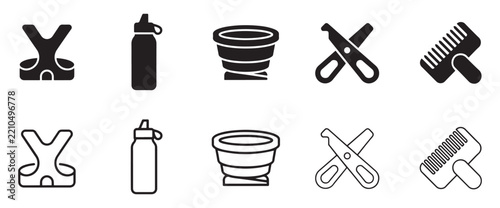 Pet harness and grooming tools black outline vector icon set showing essential pet hygiene items.