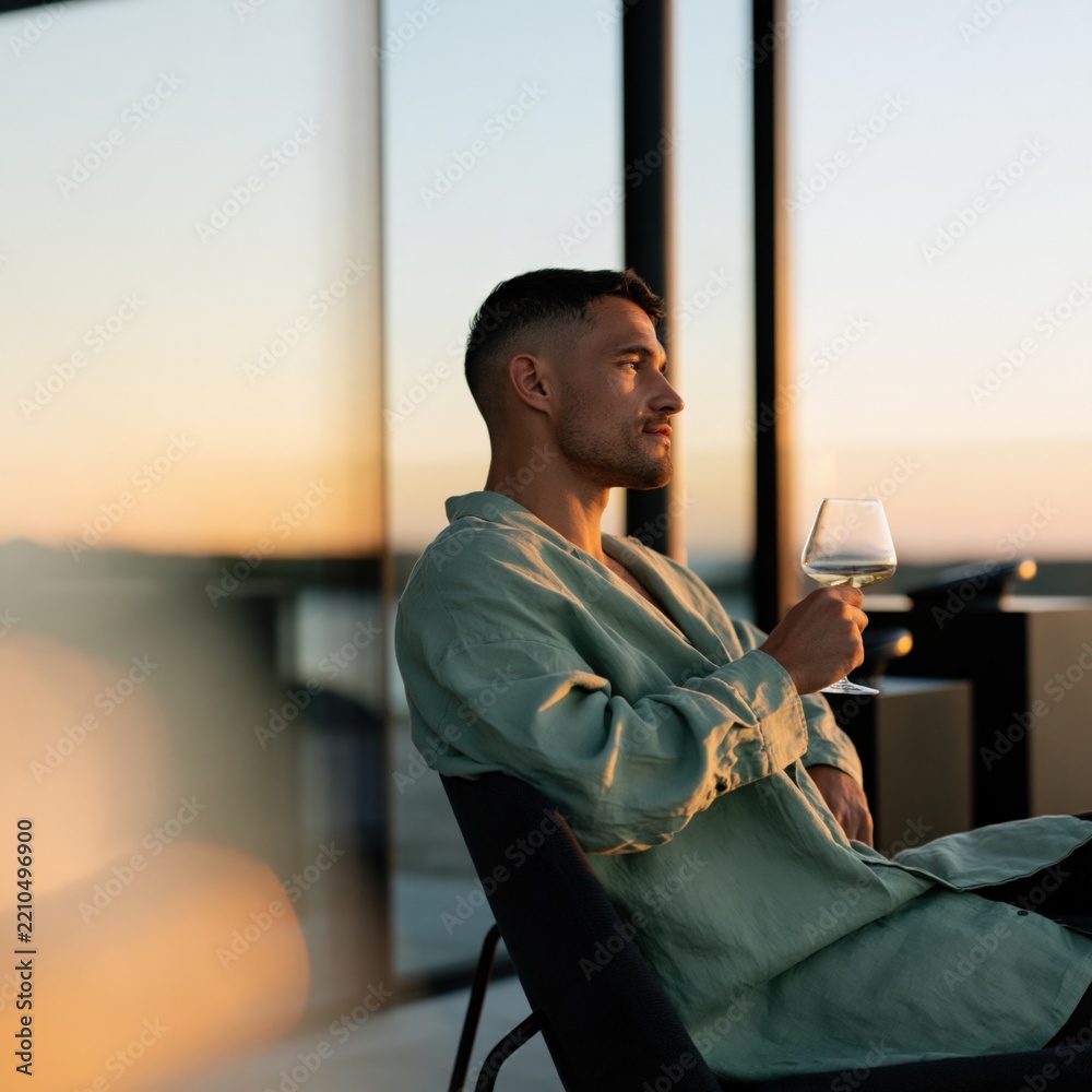 Fototapeta premium Man relaxing with a wine glass on a glass balcony at sunset for lifestyle relaxation background and beverage poster for serene evening moments