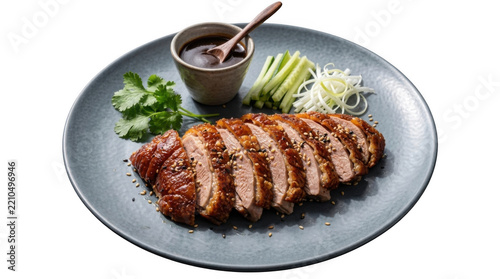 Roasted sliced peking duck served with fresh cucumber and sauce on a plate isolated on transparent background
