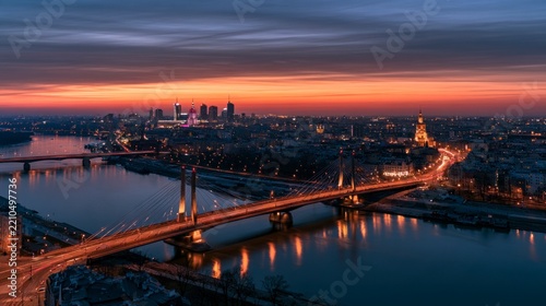 Stunning Aerial View of Warsaw City Skyline and Swietokrzyski Bridge at Sunset, Poland