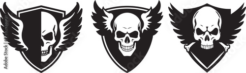Skull and wings emblem set with shield border for branding and logo