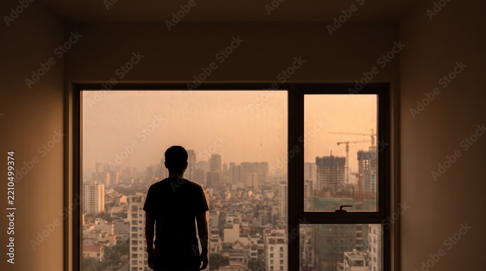 Fototapeta premium Silhouette of man standing by window looking at hazy city skyline with construction cranes, urban contemplation