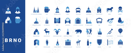 Colored filled vector icon set for Brno, Czech Republic and South Moravia for mobile apps and web interfaces.