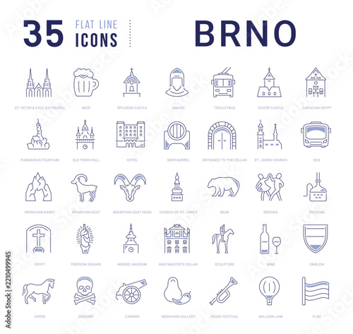 Flat line vector icon set for Brno, Czech landmarks and Moravian culture with color accents for mobile apps and web interfaces. Editable strokes.