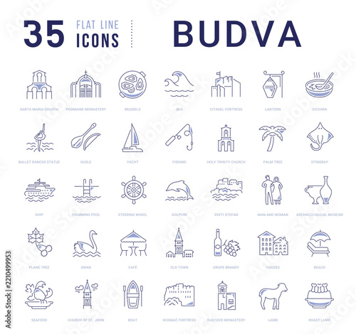 Flat line vector icon set for Budva, Montenegro travel and Adriatic tourism with color accents for mobile apps and web interfaces. Editable strokes.