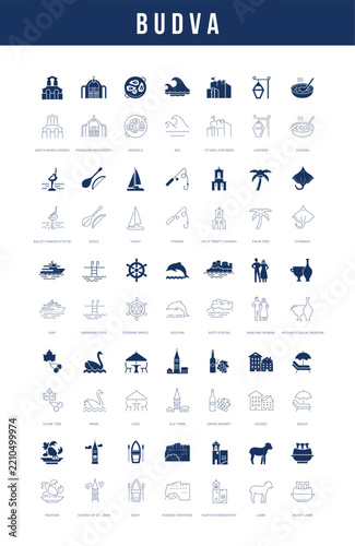 Mixed line and filled vector icon set for Budva, Montenegro travel and Adriatic tourism for mobile apps and web interfaces. Editable strokes.