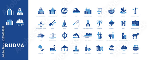 Colored filled vector icon set for Budva, Montenegro travel and Adriatic tourism for mobile apps and web interfaces.