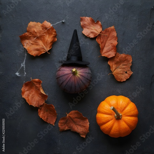 Creative Halloween flat lay with fig in witch hat and autumn leaves