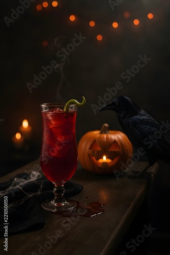 Spooky Halloween cocktail with carved pumpkin and raven on dark table