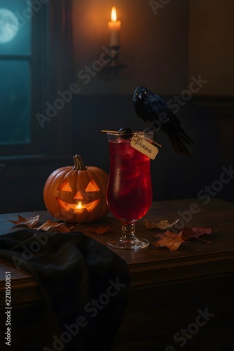Spooky Halloween cocktail setup with carved pumpkin and raven in dim room
