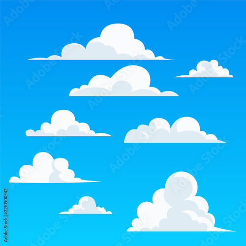 Cartoon Cloud Set Fluffy White Clouds On Blue Sky Background
