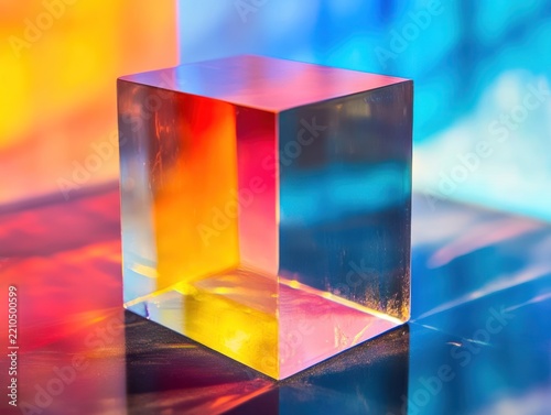 Transparent cube with vibrant color reflections