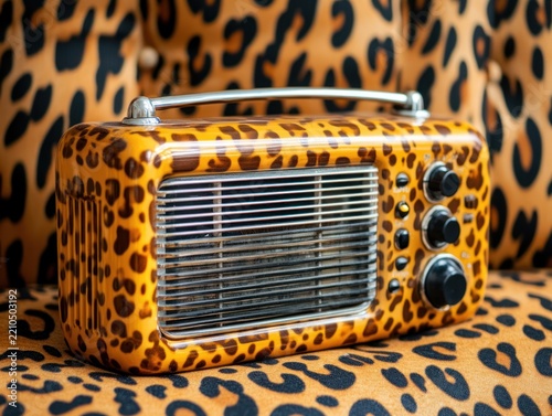 Vintage-style radio on leopard print couch