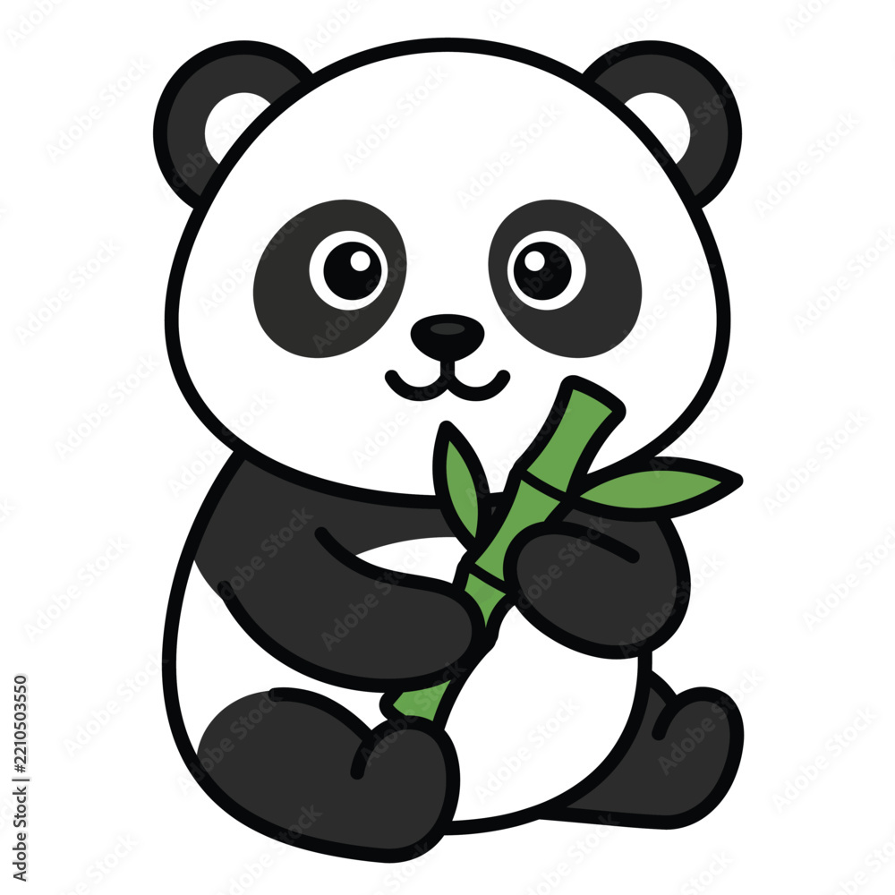 Fototapeta premium Cute cartoon panda sitting and holding green bamboo leaves in simple black and white illustration style