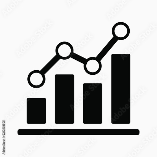 Black bar graph analytics icon with rising line trend chart isolated on white background